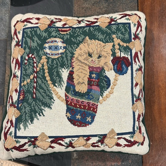 None Other - Vintage Small 12" Tapestry Christmas Cat Pillow